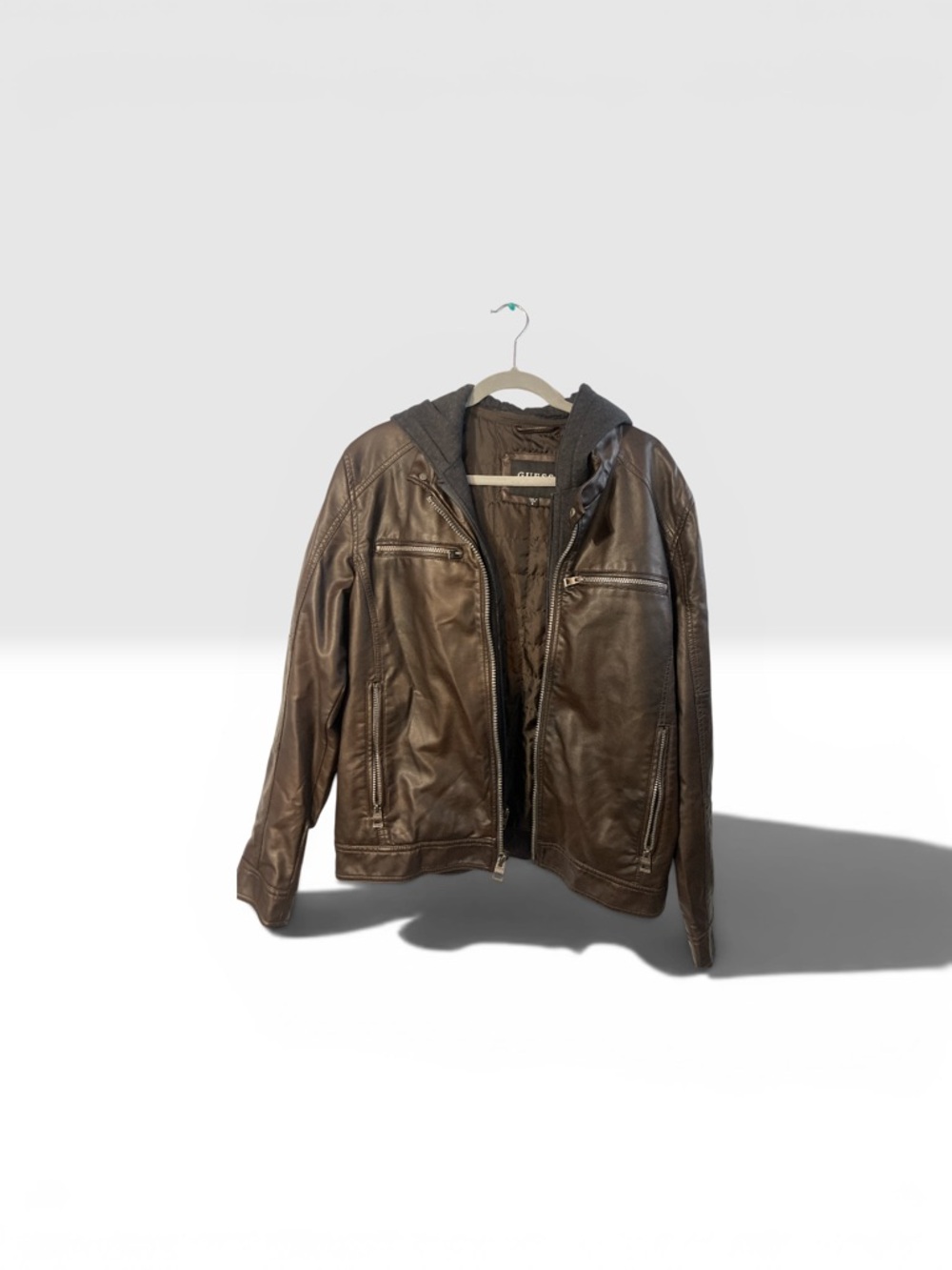 Guess Brown Leather Bomber Jacket with Hood